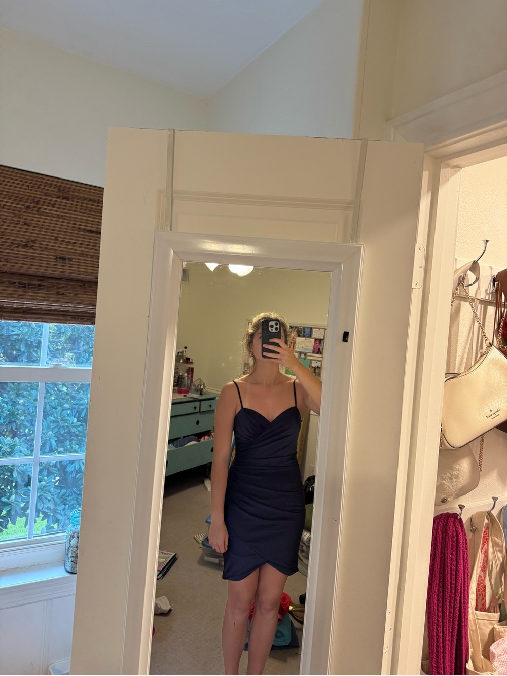 Dave & Johnny Navy Spaghetti-Strap Ruched Mini Dress